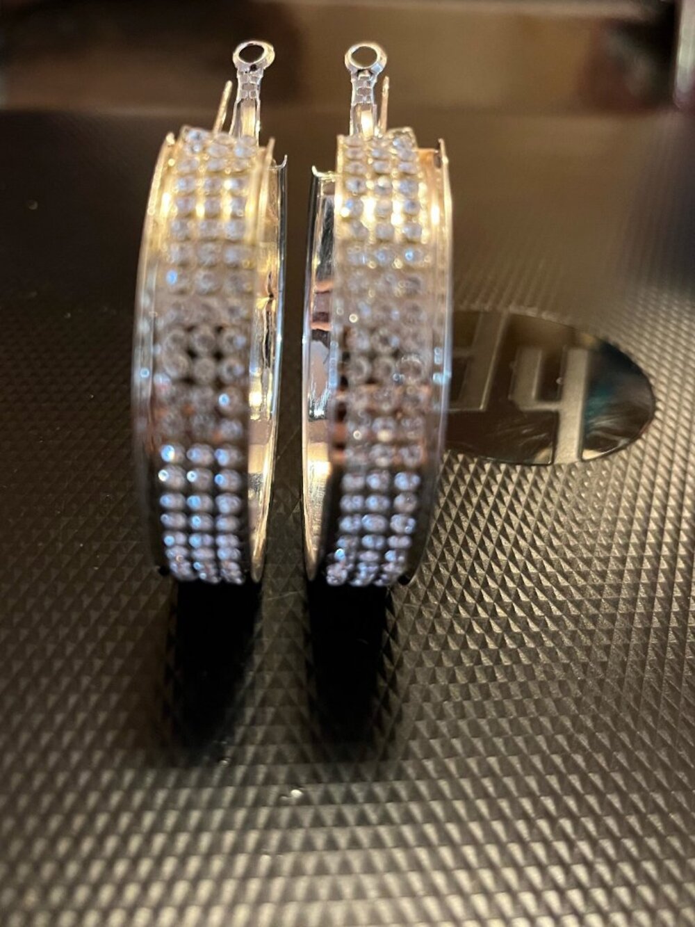 Silver Tone Triple Rhinestone Hoop Earrings